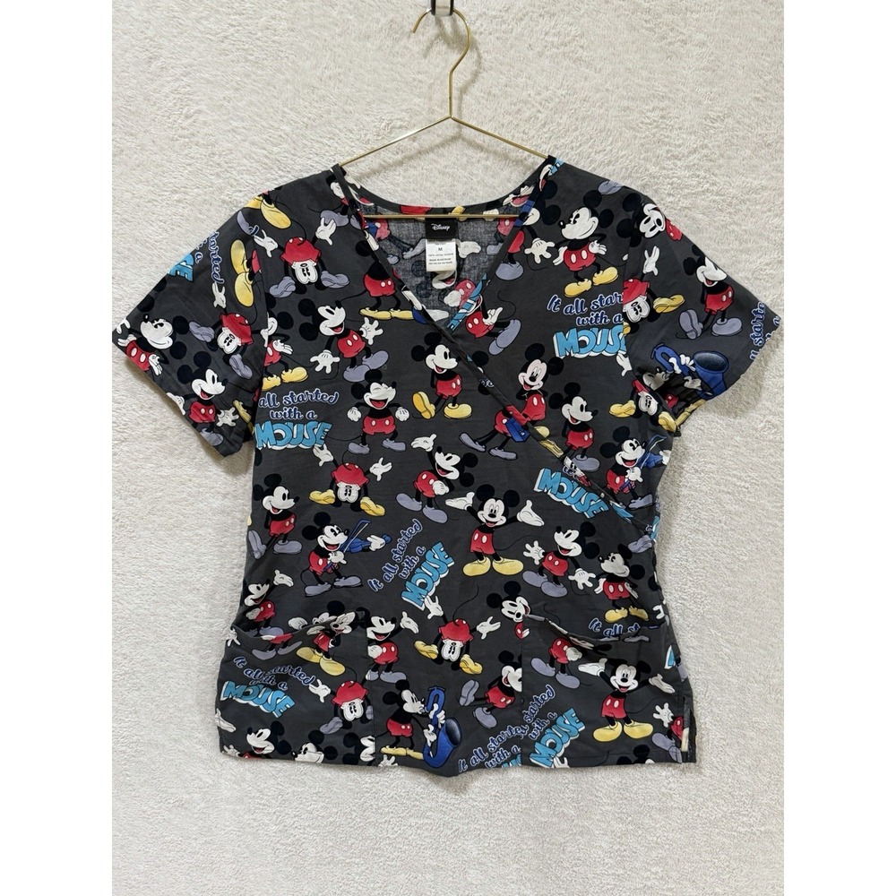 Disney Mickey Mouse Scrubs Top "It All Started With A Mouse" Medium Cartoon